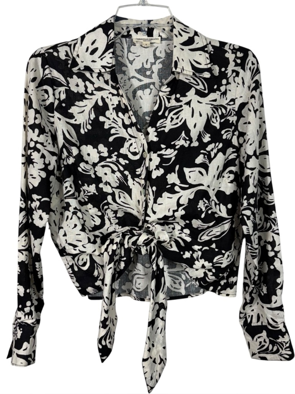 Christian Siriano Linen Blend Black White Floral Button Down Tie Blouse Small S